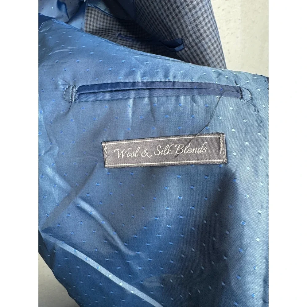 Bertolini Smart Mens Blue Wool Silk Blend Micro Check Blazer Sport Coat